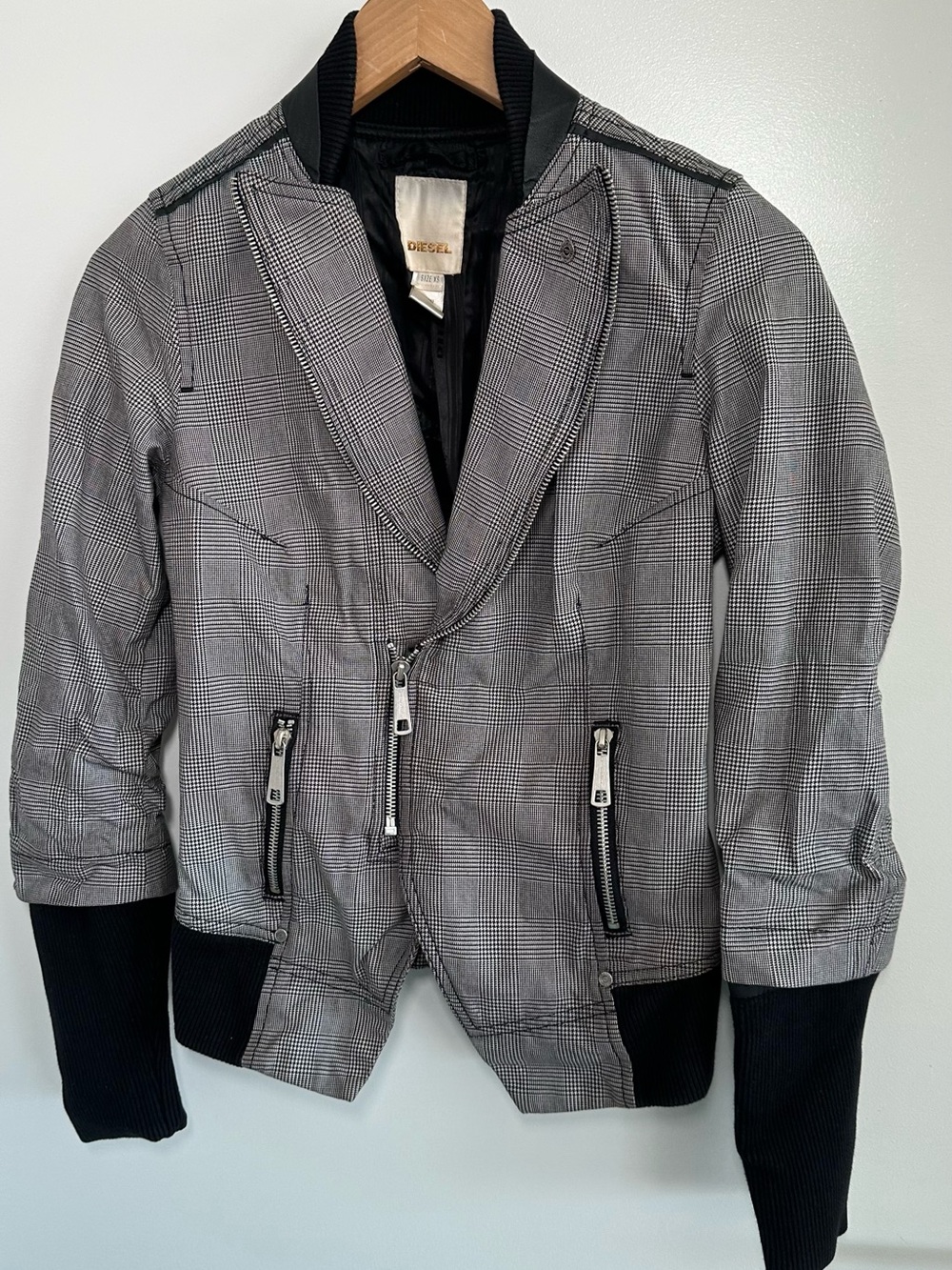 Diesel Black and Gray Glen Plaid Bomber Jacket